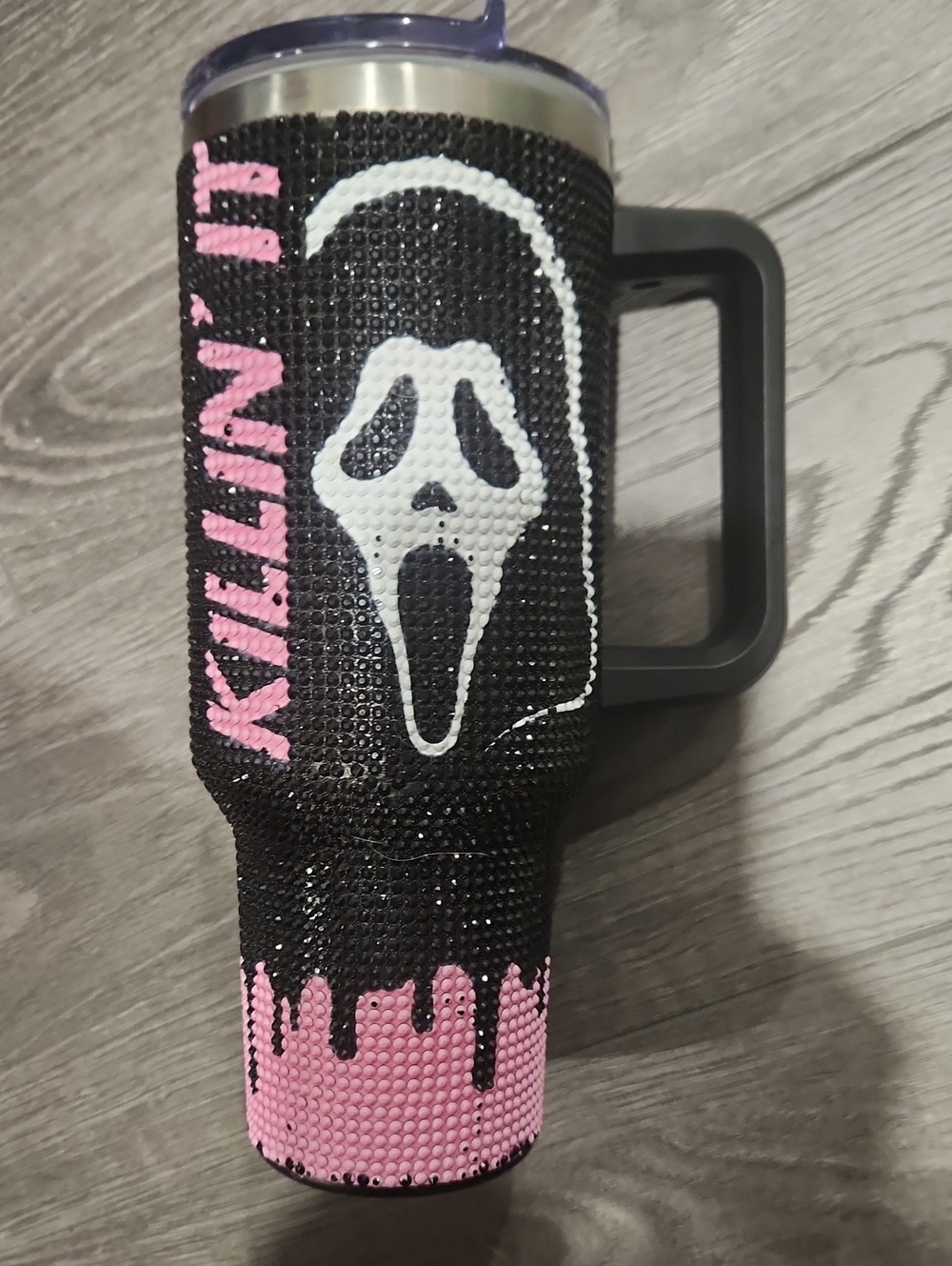 KILLIN' IT Black & Pink Rhinestone Insulated Coffee Tumbler